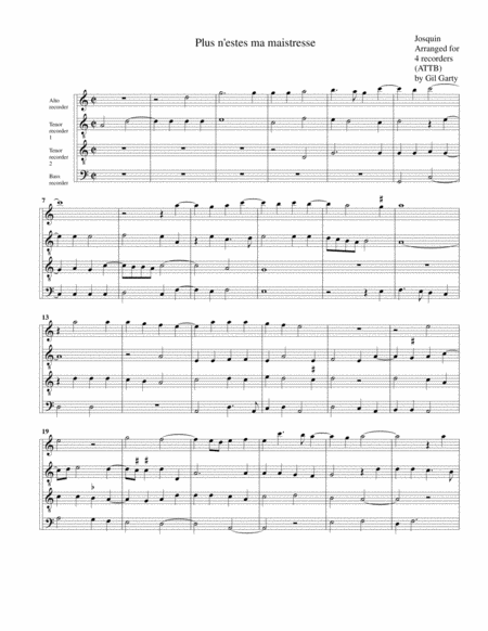 Free Sheet Music Plus N Estes Ma Maistresse Arrangement For 4 Recorders