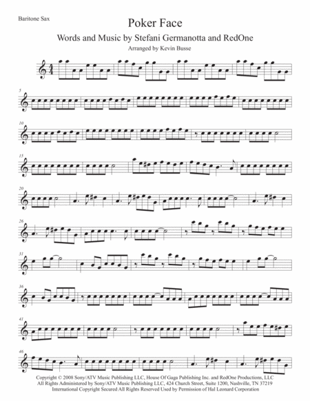 Free Sheet Music Poker Face Easy Key Of C Bari Sax