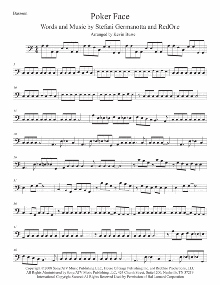 Poker Face Easy Key Of C Bassoon Sheet Music