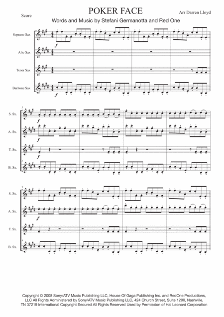 Poker Face Saxophone Quartet Sheet Music