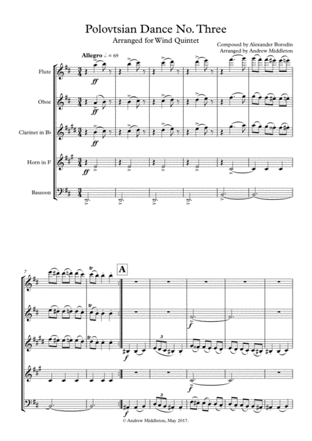 Polovtsian Dance Number Three For Wind Quintet Sheet Music