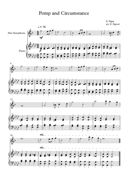 Pomp And Circumstance Edward Elgar For Alto Saxophone Piano Sheet Music