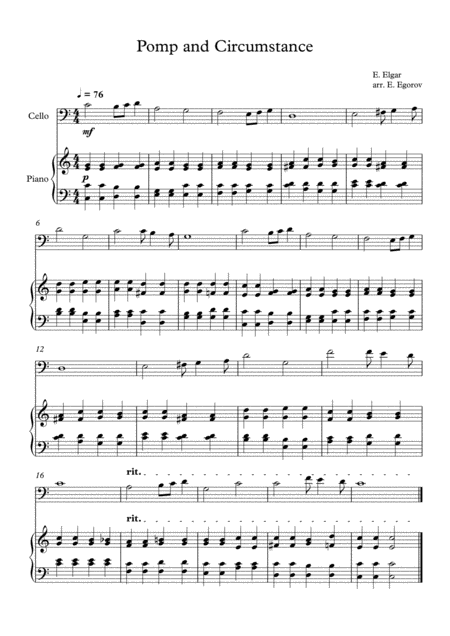 Pomp And Circumstance Edward Elgar For Cello Piano Sheet Music