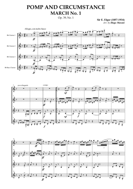 Pomp And Circumstance March No 1 For Clarinet Quartet Sheet Music