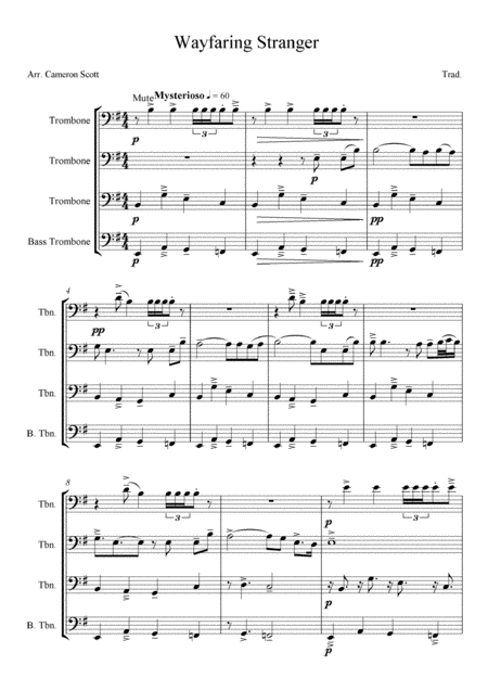 Poor Wayfaring Stranger Trombone Quartet Sheet Music