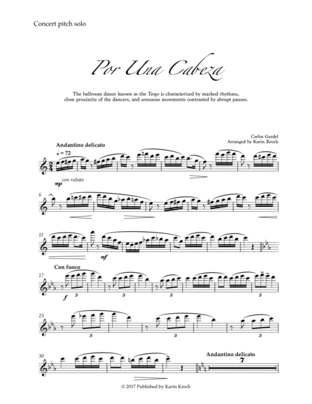 Free Sheet Music Por Una Cabeza Tango Concert Pitch Solo With Piano Accompaniment