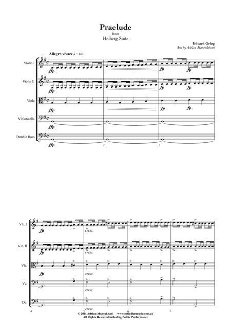 Free Sheet Music Praelude From The Holberg Suite By Edvard Grieg