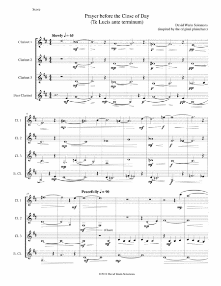 Prayer Before The Close Of Day Based On The Chant Te Lucis Ante Terminum For Clarinet Quartet Sheet Music