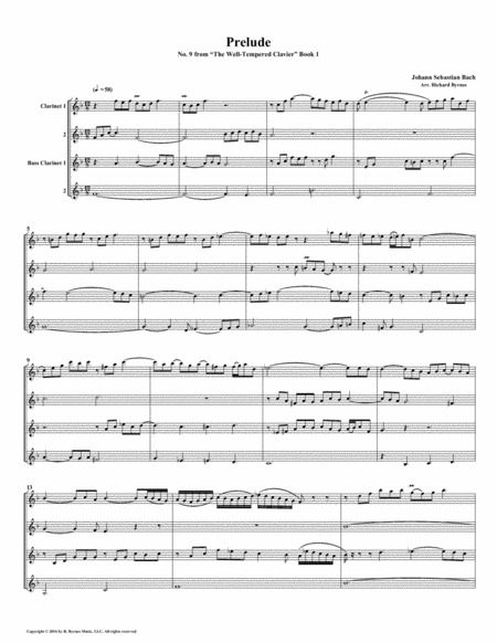 Free Sheet Music Prelude 09 From Well Tempered Clavier Book 1 Clarinet Quartet