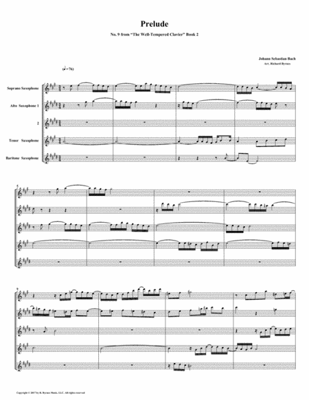 Free Sheet Music Prelude 09 From Well Tempered Clavier Book 2 Saxophone Quintet