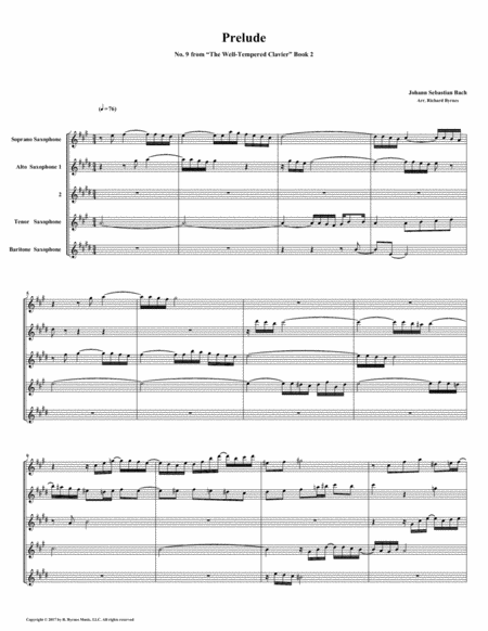 Prelude 09 From Well Tempered Clavier Book 2 Saxophone Quintet Sheet Music