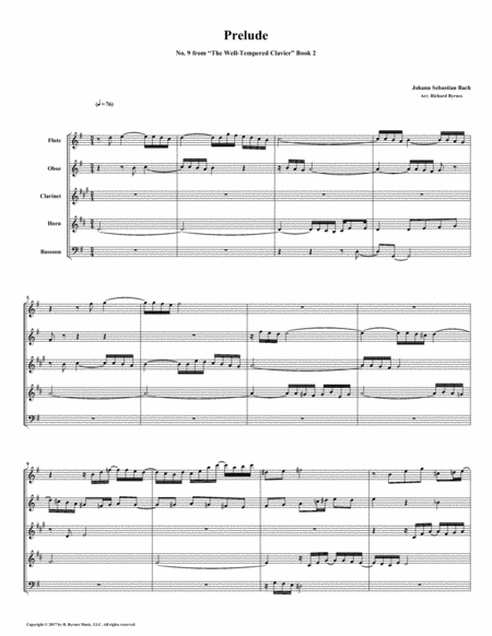 Prelude 09 From Well Tempered Clavier Book 2 Woodwind Quintet Sheet Music