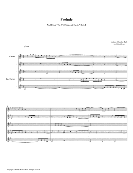 Prelude 11 From Well Tempered Clavier Book 2 Clarinet Quintet Sheet Music