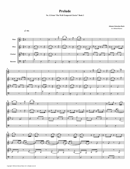 Prelude 12 From Well Tempered Clavier Book 2 Woodwind Quartet Sheet Music