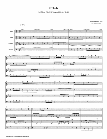 Prelude 15 From Well Tempered Clavier Book 2 Woodwind Quartet Sheet Music