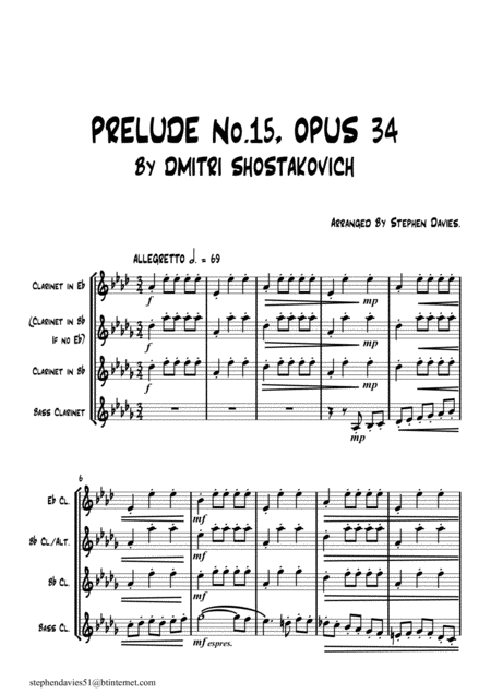 Prelude 15 Op 34 By Dmitri Shostakovich For Clarinet Trio Eb Bb Bass Sheet Music