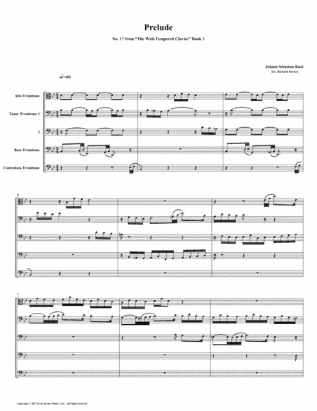 Free Sheet Music Prelude 17 From Well Tempered Clavier Book 2 Trombone Quintet