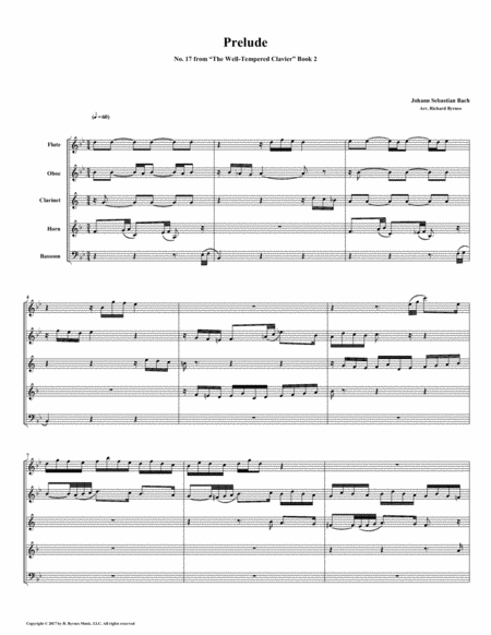 Prelude 17 From Well Tempered Clavier Book 2 Woodwind Quintet Sheet Music