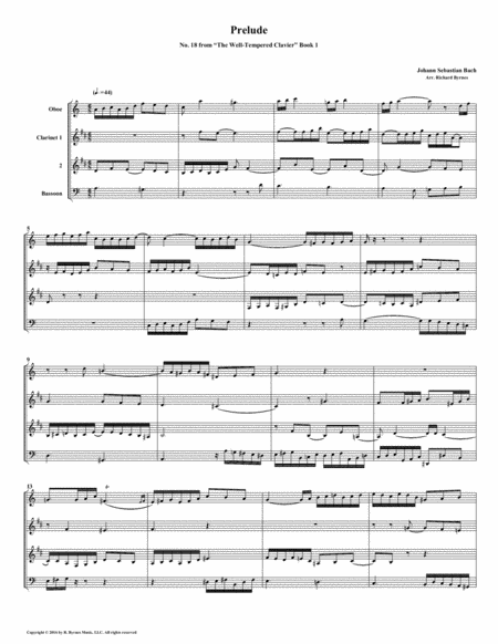Free Sheet Music Prelude 18 From Well Tempered Clavier Book 1 Woodwind Quartet
