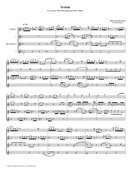 Free Sheet Music Prelude 19 From Well Tempered Clavier Book 1 Clarinet Quartet