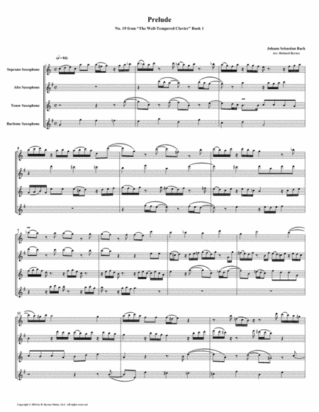 Prelude 19 From Well Tempered Clavier Book 1 Saxophone Quartet Sheet Music