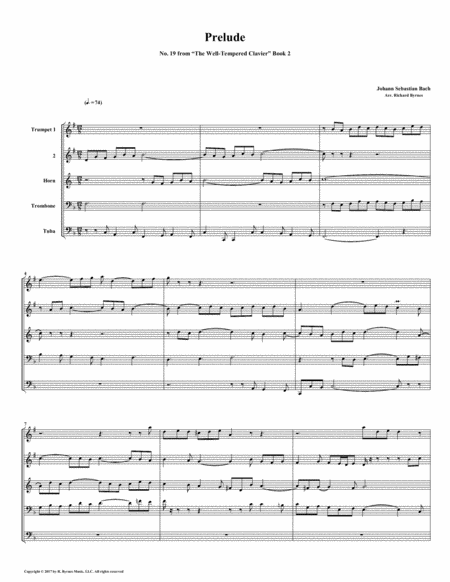 Free Sheet Music Prelude 19 From Well Tempered Clavier Book 2 Brass Quintet