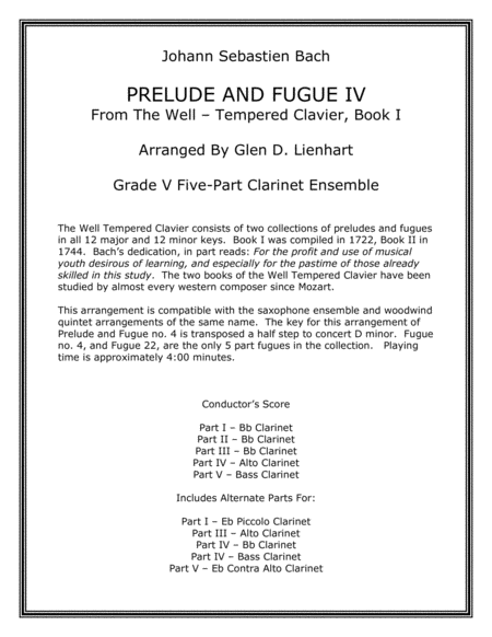 Prelude And Fugue Iv Clarinet Sheet Music