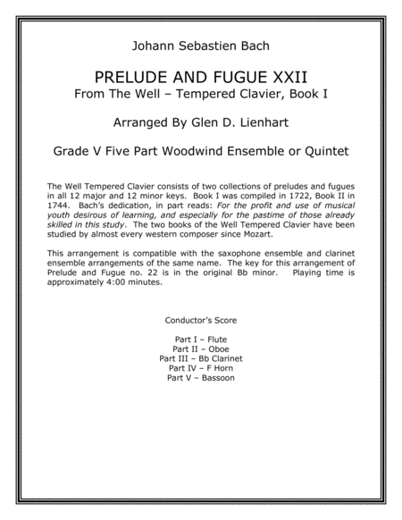 Prelude And Fugue Xxii Woodwind Quintet Sheet Music