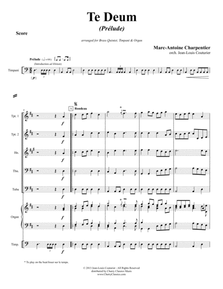 Prelude From Te Deum For Brass Quintet Timp Organ Sheet Music