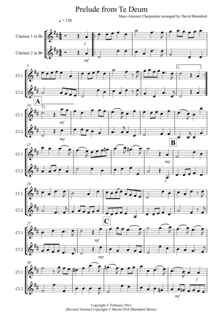 Prelude From Te Deum For Clarinet Duet Sheet Music