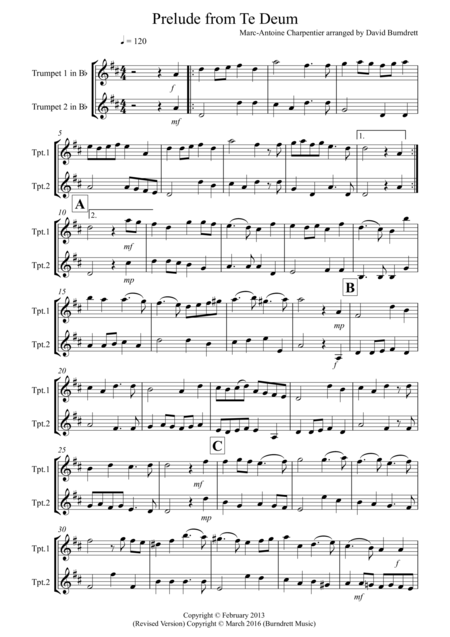 Prelude From Te Deum For Trumpet Duet Sheet Music