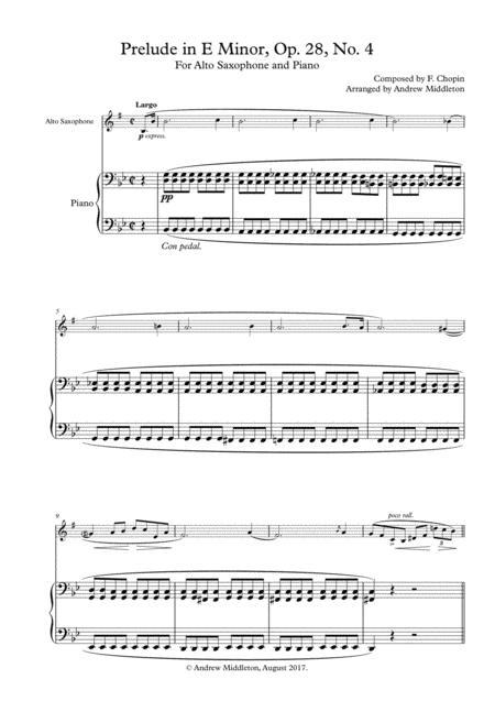 Prelude In E Minor Op 28 No 4 For Alto Saxophone And Piano Sheet Music