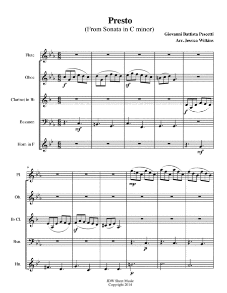 Presto For Woodwind Quintet Sheet Music