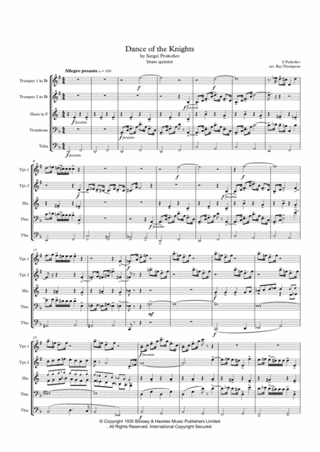 Prokofiev Dance Of The Knights Abridged Brass Quintet Sheet Music