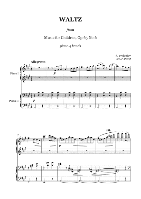 Prokofiev Valtz From Music For Children Op 65 1 Piano 4 Hands Sheet Music