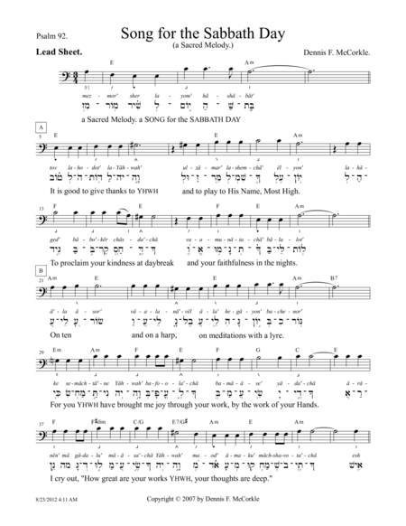 Free Sheet Music Psalm 92 Song For The Sabbath Day