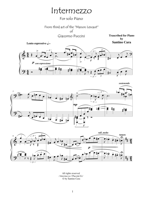 Free Sheet Music Puccini Manon Lescaut Act3 Intermezzo Solo Piano