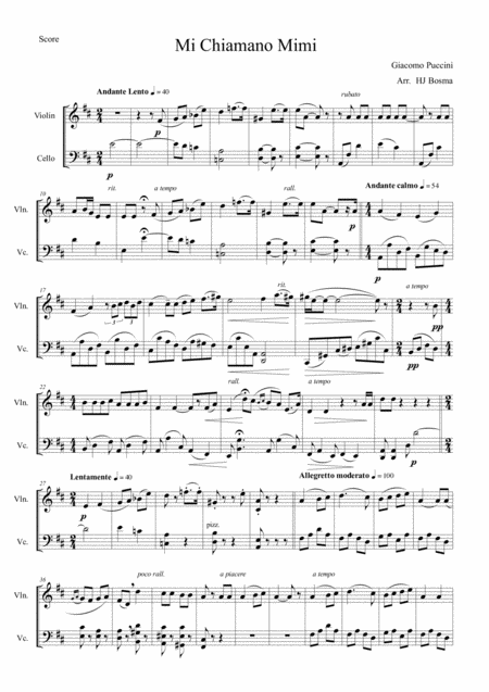 Puccini Mi Chiamano Mimi For String Duet Violin Cello Sheet Music