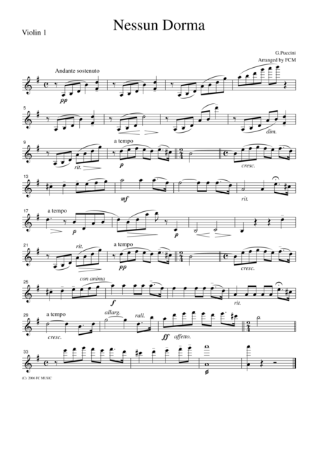 Free Sheet Music Puccini Nessun Dorma For String Quartet Cp201