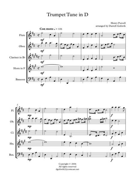 Free Sheet Music Purcell Trumpet Tune In D For Woodwind Quintet