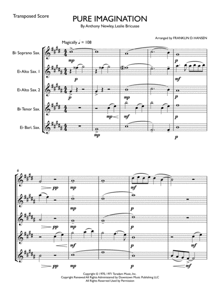 Pure Imagination For Saxophone Quintet Sheet Music