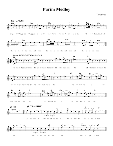 Free Sheet Music Purim Medley