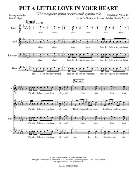 Free Sheet Music Put A Little Love In Your Heart Ttbb A Cappella With Optional Solo