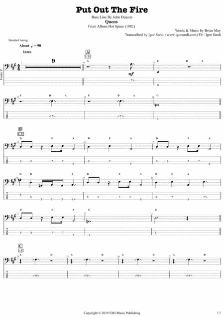 Put Out The Fire Queen John Deacon Complete And Accurate Bass Transcription Whit Tab Sheet Music