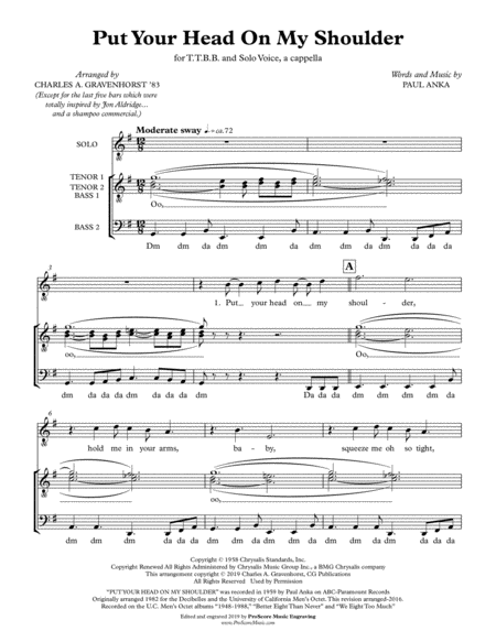 Put Your Head On My Shoulder Ttbb Acappella Sheet Music