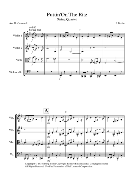 Putting On The Ritz String Quartet Sheet Music