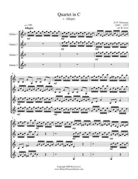 Quartet In C Guitar Quartet Score And Parts Sheet Music