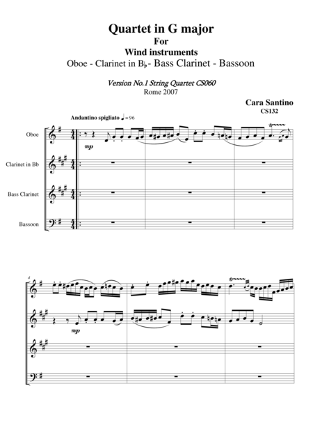 Quartet In G Major For Wind Instruments Sheet Music