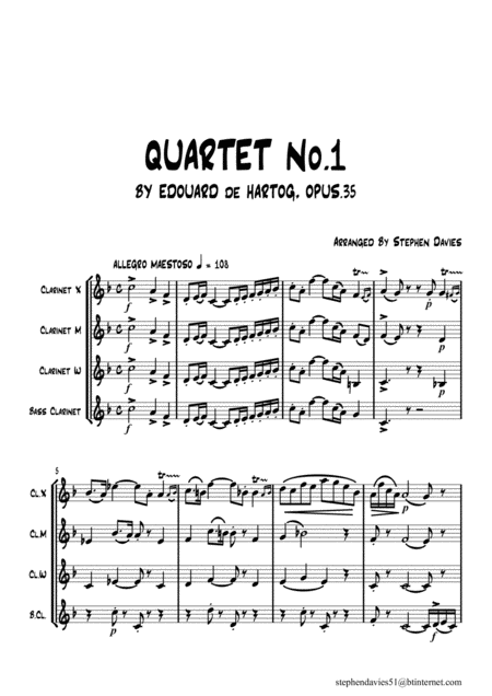 Quartet No 1 By Edouard De Hartog Op 35 For Clarinet Quartet Sheet Music