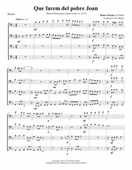 Que Farem Del Pobre Joan For Trombone Or Low Brass Quartet Sheet Music